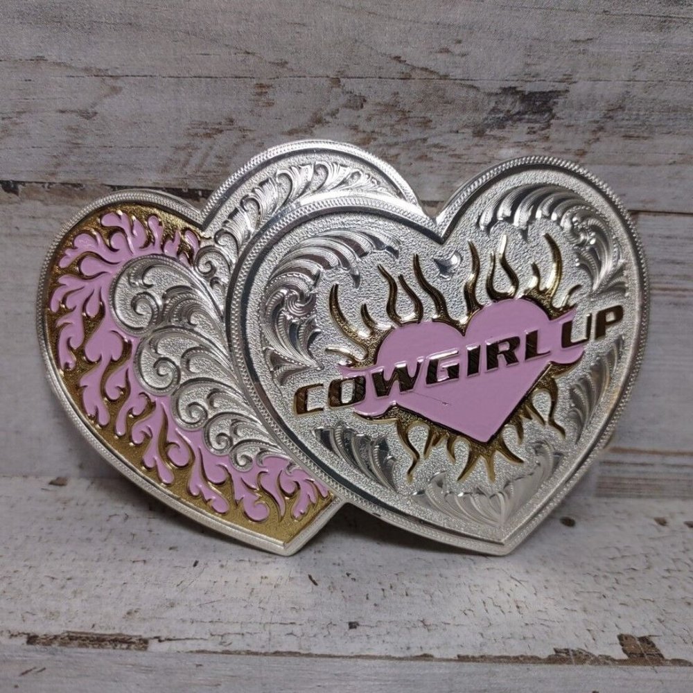 Montana Silversmiths Cowgirl Up Double Heart Women's Belt Buckle Pink Silver